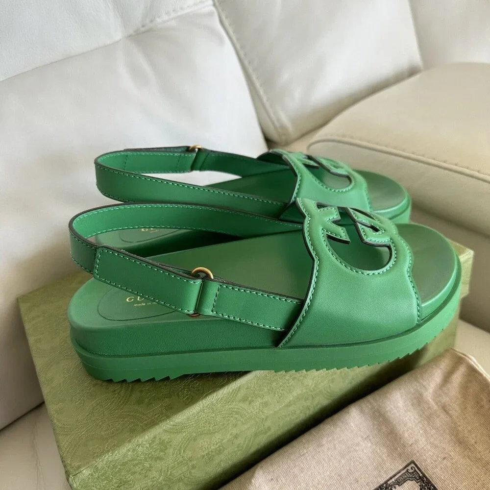 NEW GUCCI WOMENS SANDALS SLINGBACK LOGO GG GREEN SZ 39 - Picture 3 of 7